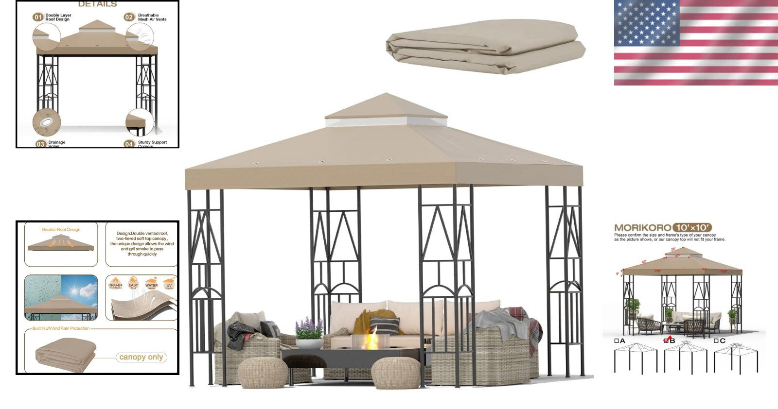 Efficient 10x10 Canopy Replacement with Drainage Holes - Khaki UV Protection