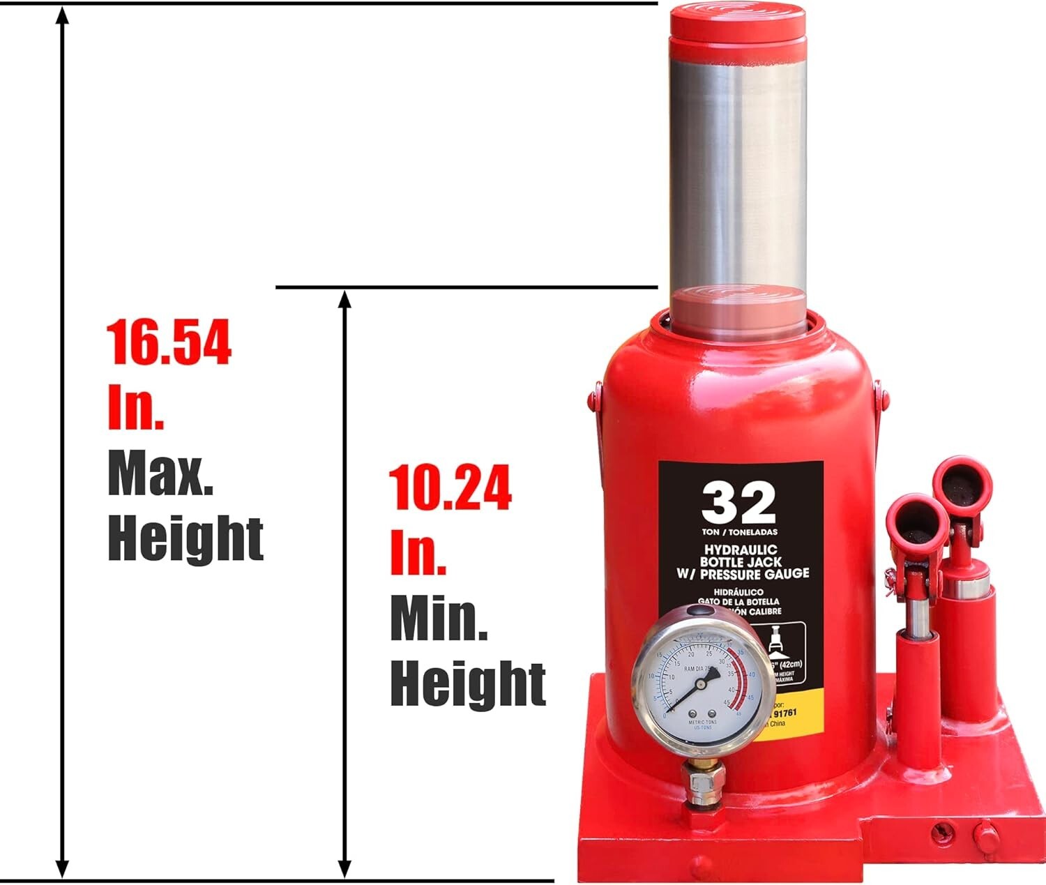 32 Ton Heavy Duty Double Piston Car Bottle Jack with Gauge - Red, 16.54" Lift