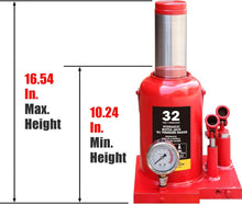 Load image into Gallery viewer, 32 Ton Heavy Duty Double Piston Car Bottle Jack with Gauge - Red, 16.54" Lift