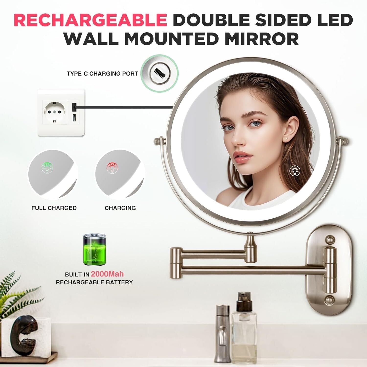 Double-Sided 20X/1X Makeup Mirror with Adjustable Brightness & 3 Color Lights