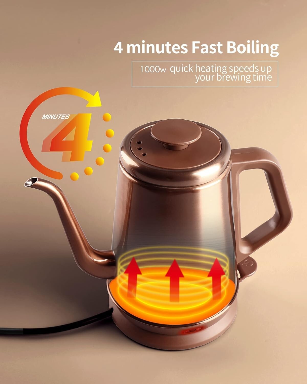 High-Performance 1.0L Copper Electric Kettle with Cool-Touch Handle & Fast Boil