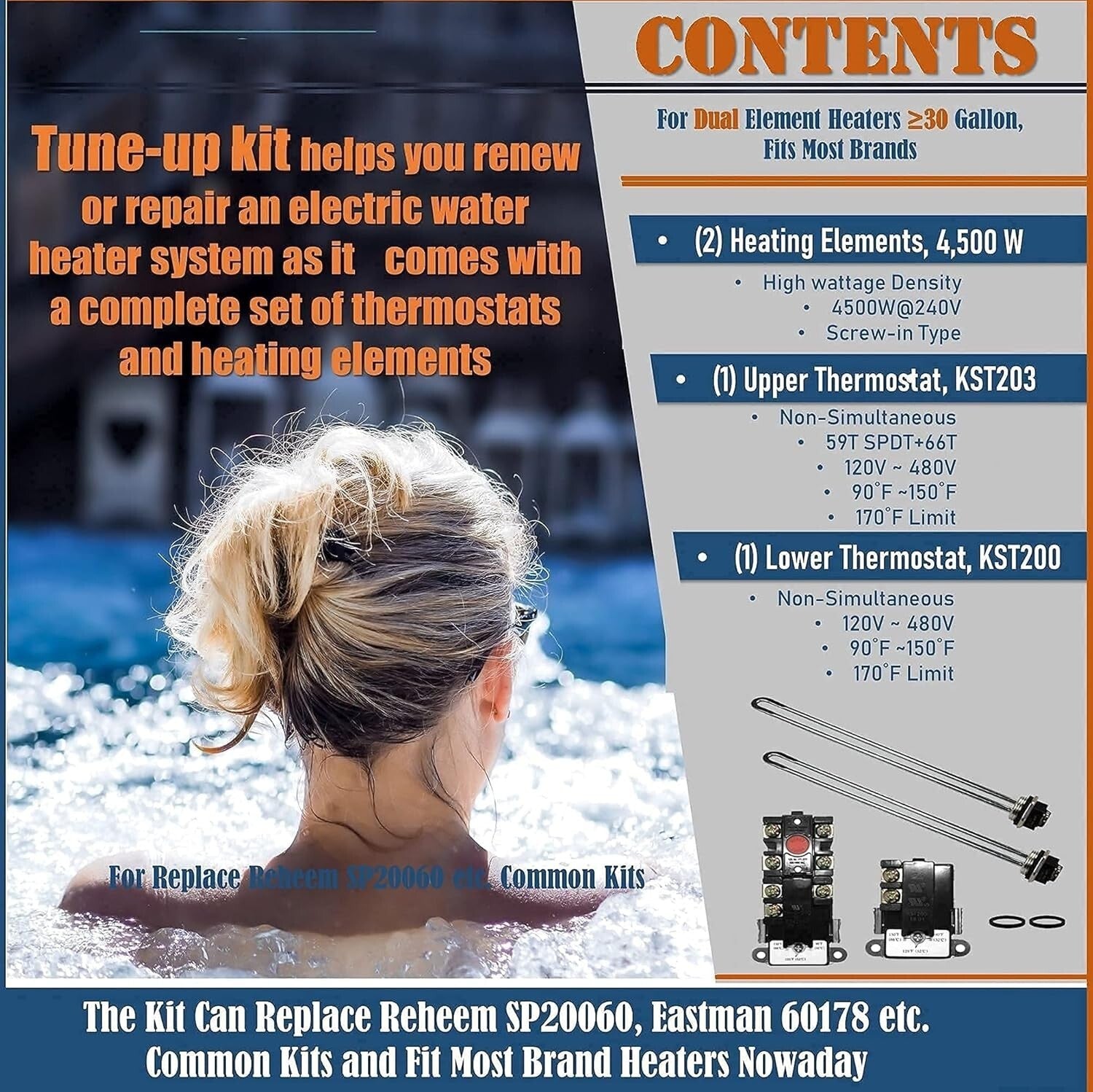 Electric Water Heater Tune-Up Kit: 4500W Elements & Interchangeable Thermostats