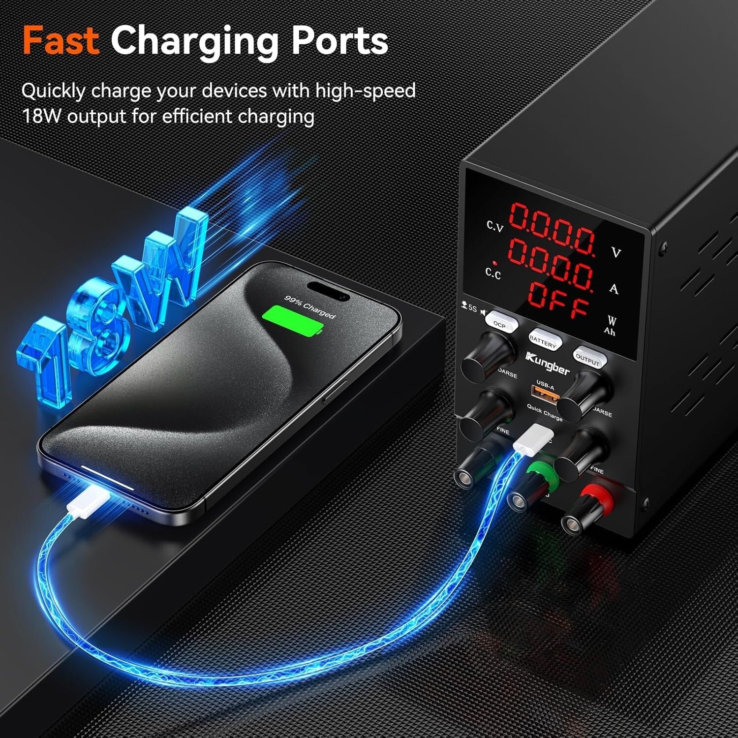 Compact 30V 10A Bench DC Power Supply: Intelligent Charging & Safety Alarms