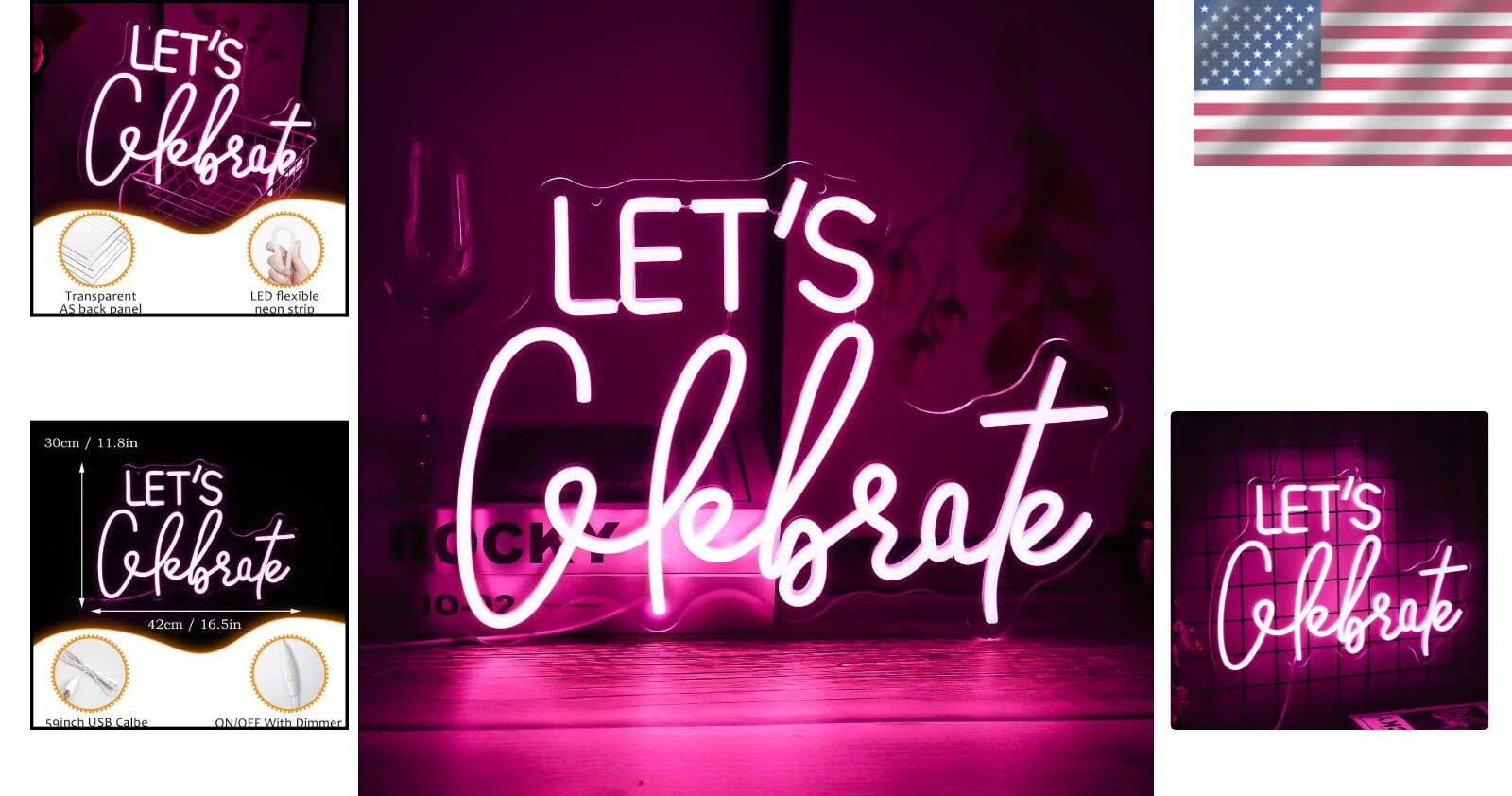 Dimmable Pink Neon Sign - Let's Celebrate Wall Decor for Parties & Bedroom