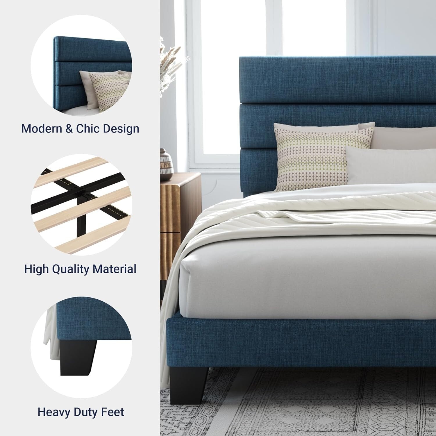Elegant Navy Blue Full Size Bed Frame with Fabric Headboard - 800 lbs Capacity