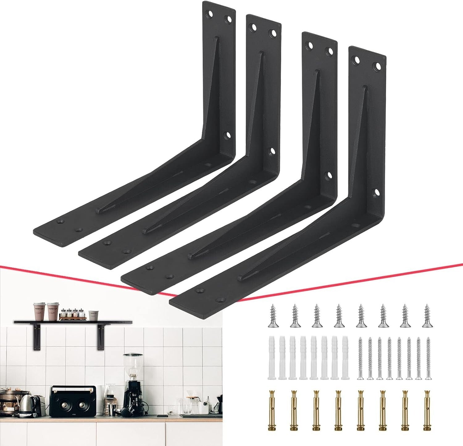 Pack of 4 Heavy-Duty Corner Brackets, 20” Black Steel Design for Stylish Support