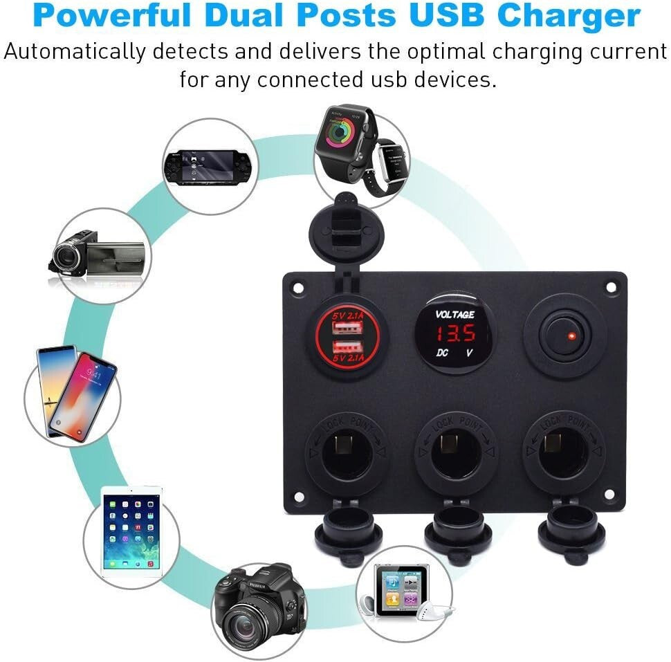 Versatile Panel Mount Dual USB Charger with 3-Way Power Outlet & Toggle Switch