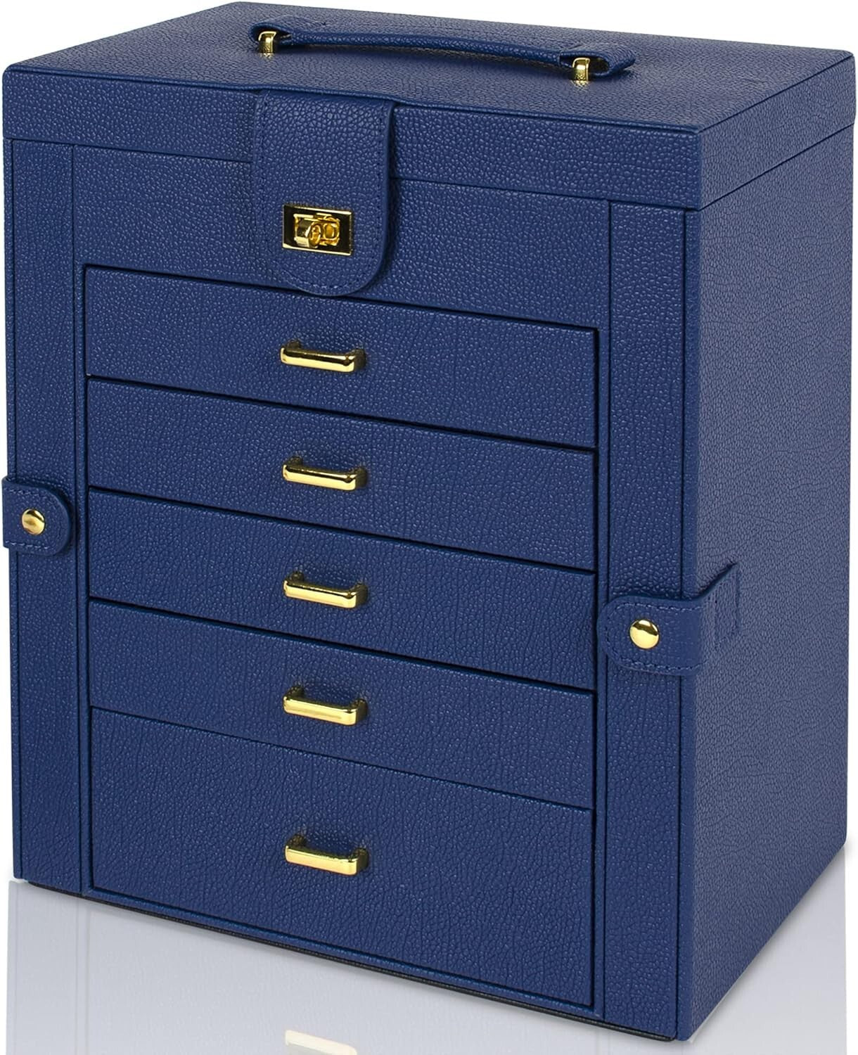 Elegant Lockable Jewelry Organizer with Large Mirror & 6 Drawer Storage - Blue