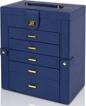 Load image into Gallery viewer, Elegant Lockable Jewelry Organizer with Large Mirror &amp; 6 Drawer Storage - Blue