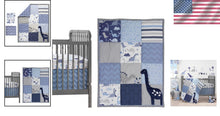 Load image into Gallery viewer, Modern Dinosaur Crib Bedding Set, 3 Pieces with Quilt and Dust Ruffle, Blue/Gray