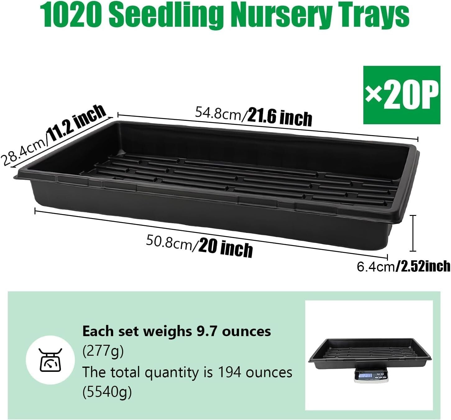 Sturdy Plastic Seed Trays Without Holes - 21.6"×11.2" for Indoor Use, 20-Pack
