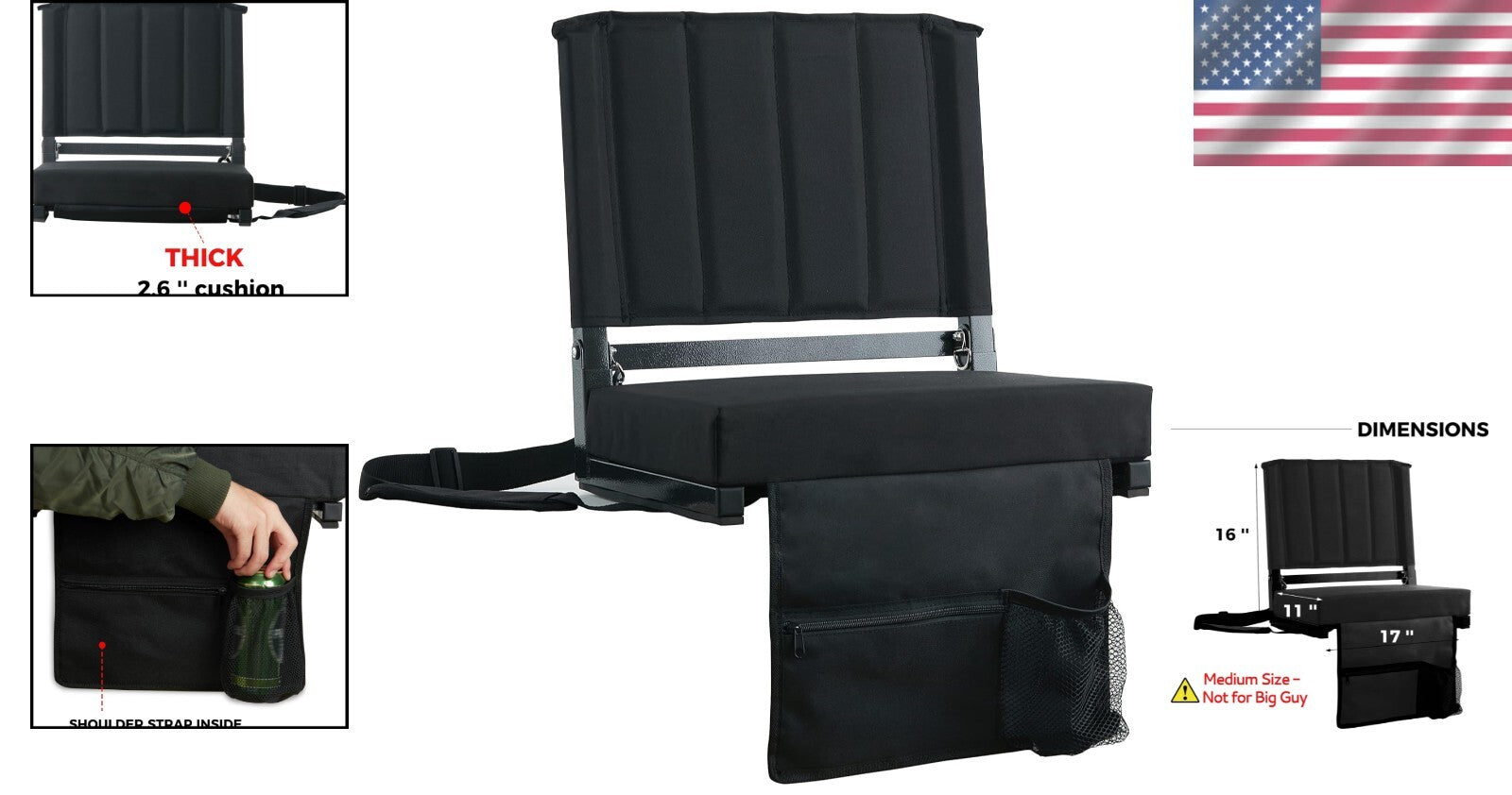 Solid Black Outdoor Bleacher Chair with Cushion and Shoulder Strap - 350 lbs