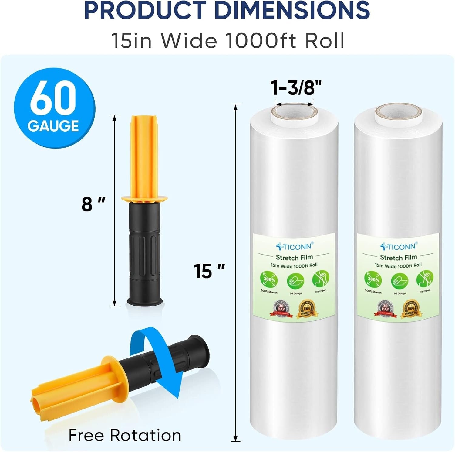 1000ft Clear Plastic Stretch Wrap with Handles - 4 Rolls of 15-Inch Strong Film