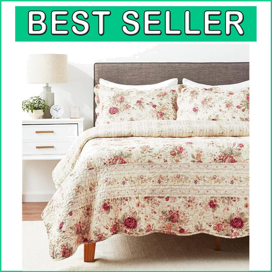 Ecru Antique Rose Full/Queen Quilt Set - Charming Floral Design and Comfort