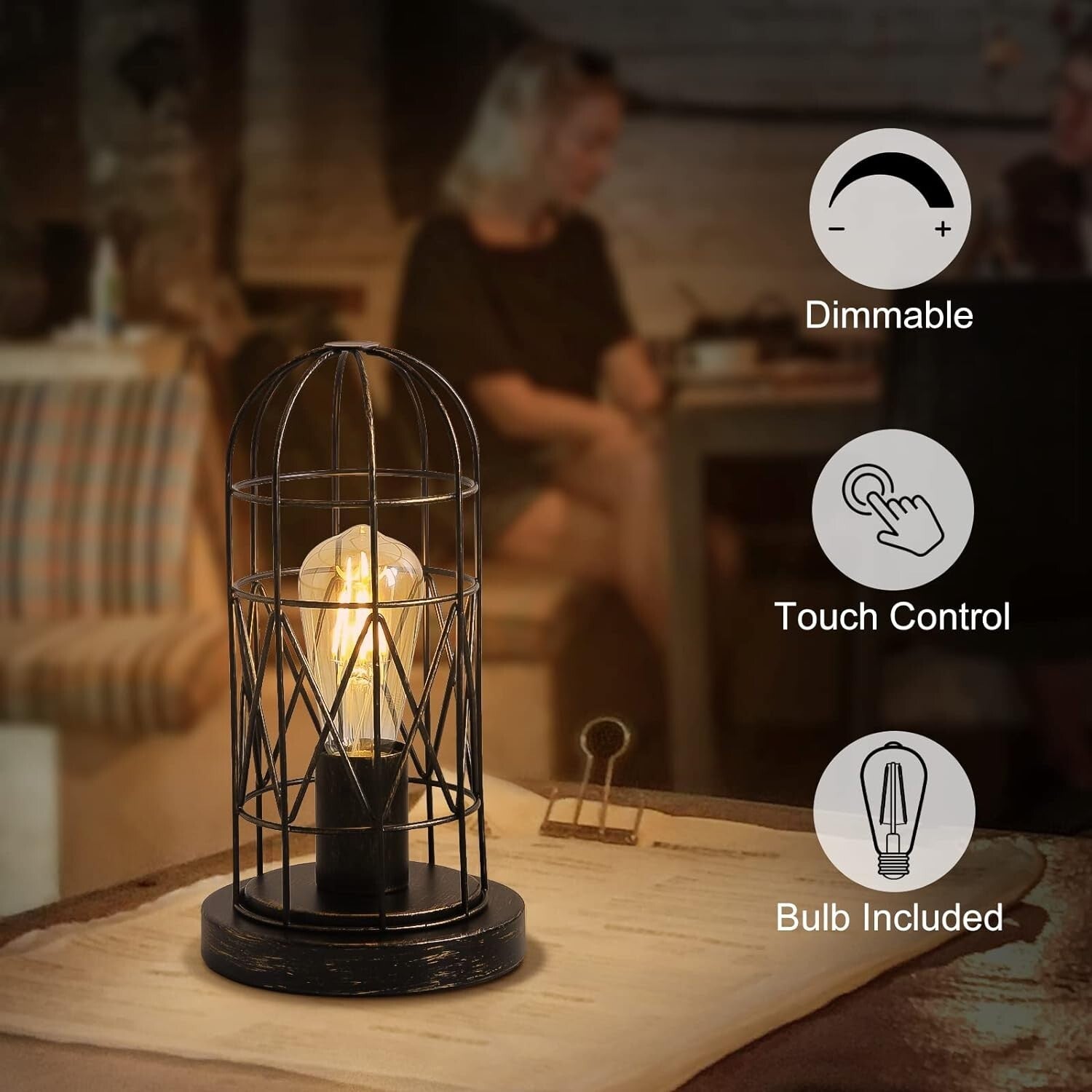 Industrial Touch Table Lamp with Dimmable 3-Way Control - Vintage Cage Design