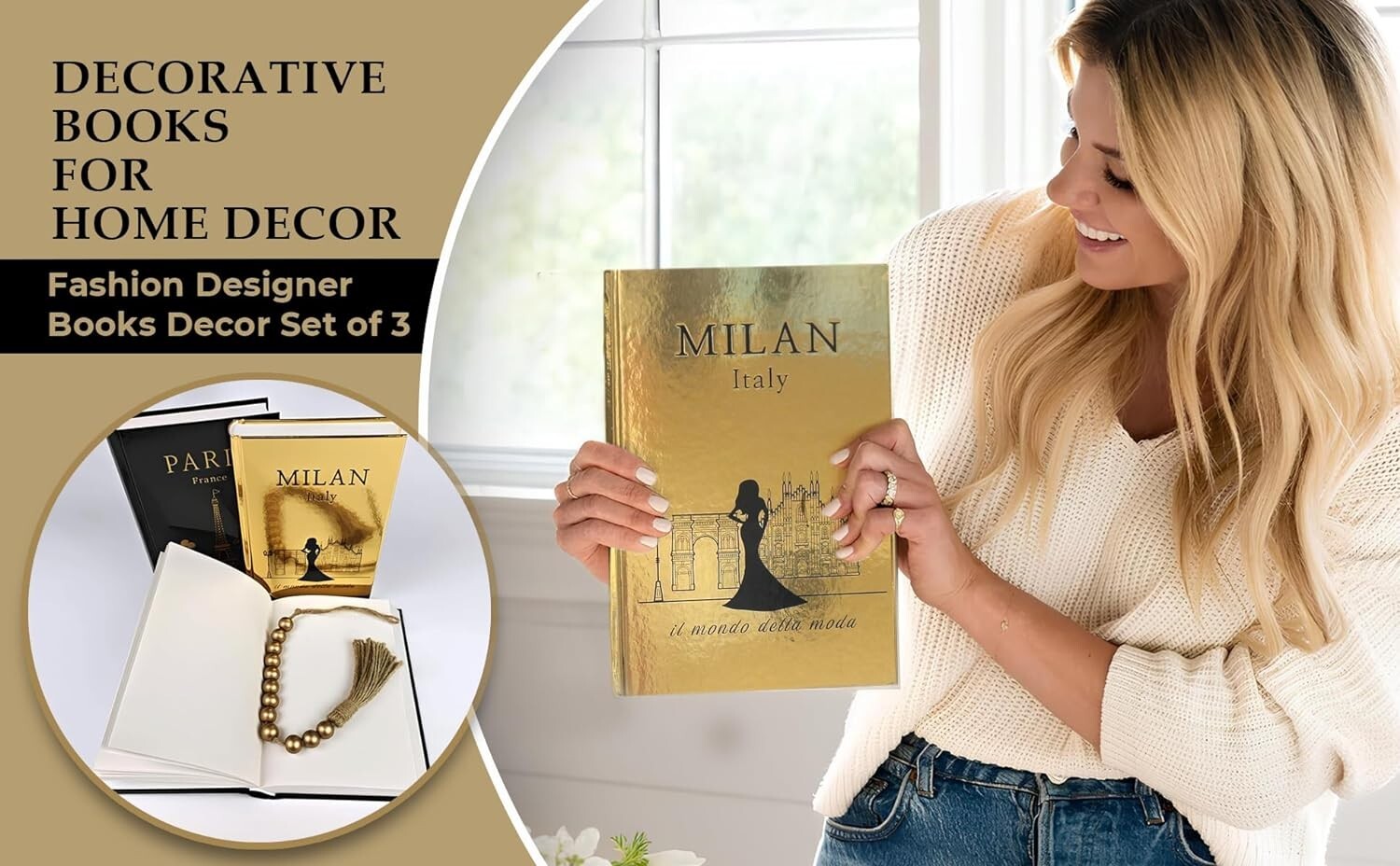 Stylish Decorative Book Set of 3 with Gold Accents - Perfect for Gift Giving