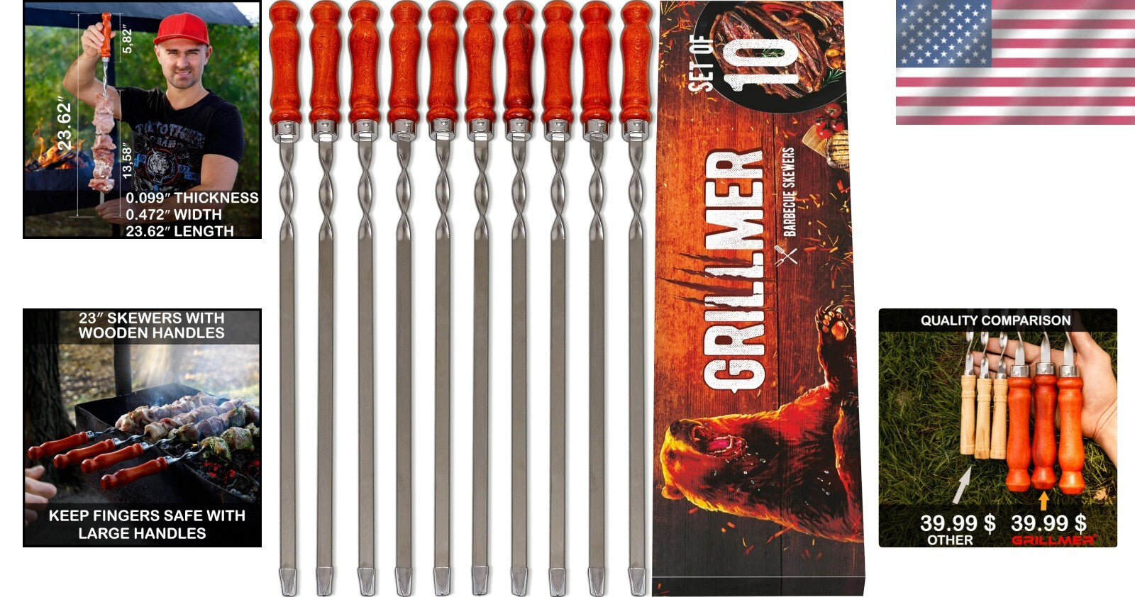 Extra Long 23.6-Inch Flat BBQ Skewers - Durable Stainless Steel & Wooden Handles