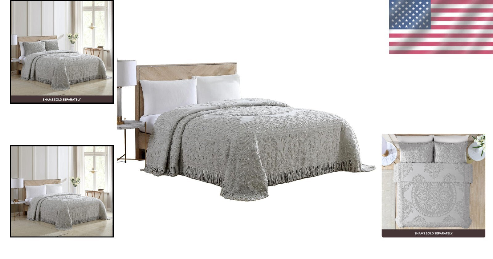 Traditional Gray Chenille Bedspread with Medallion Design for King Beds