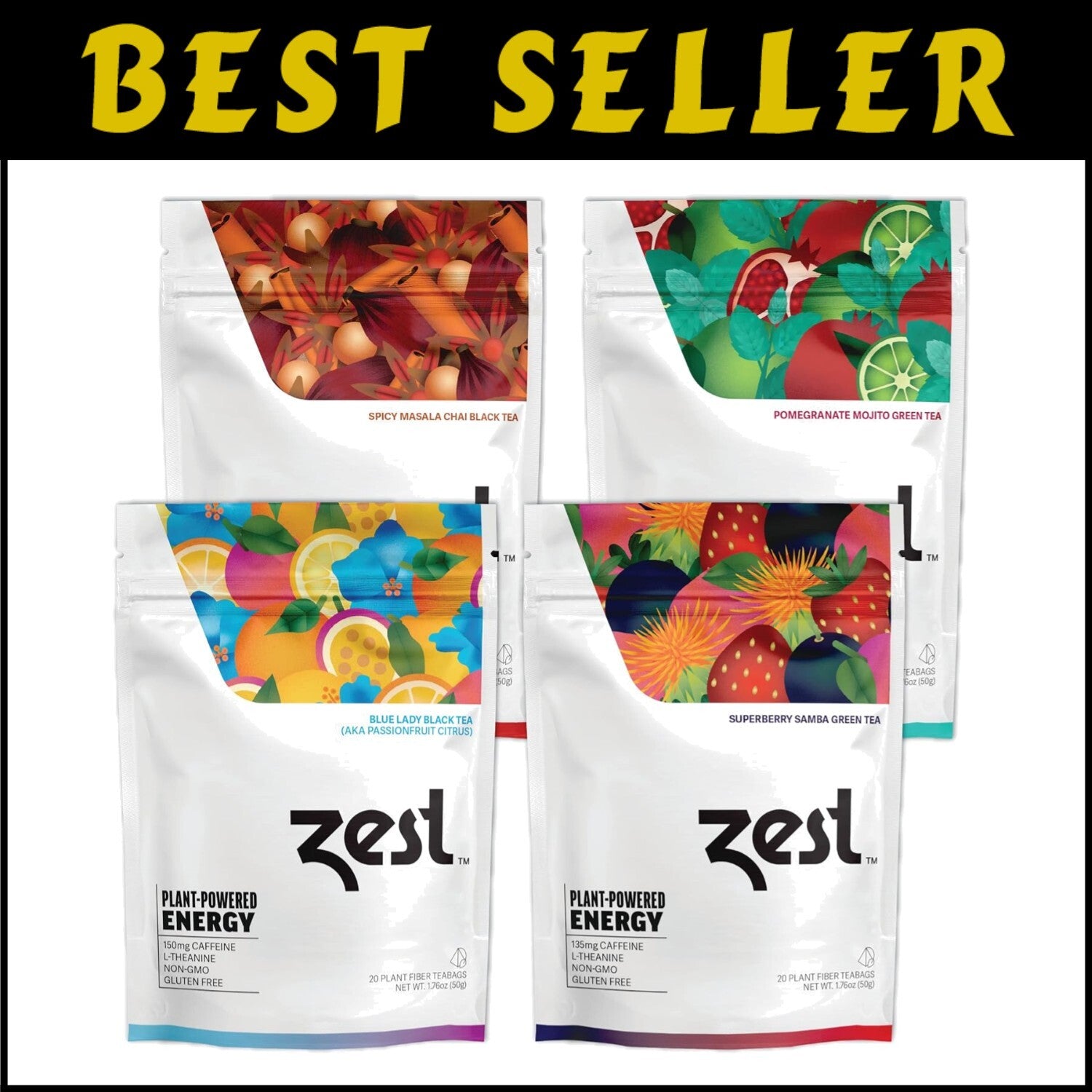 High Caffeine Energy Tea Sampler - Keto-Friendly 80 Bags of Black & Green Tea