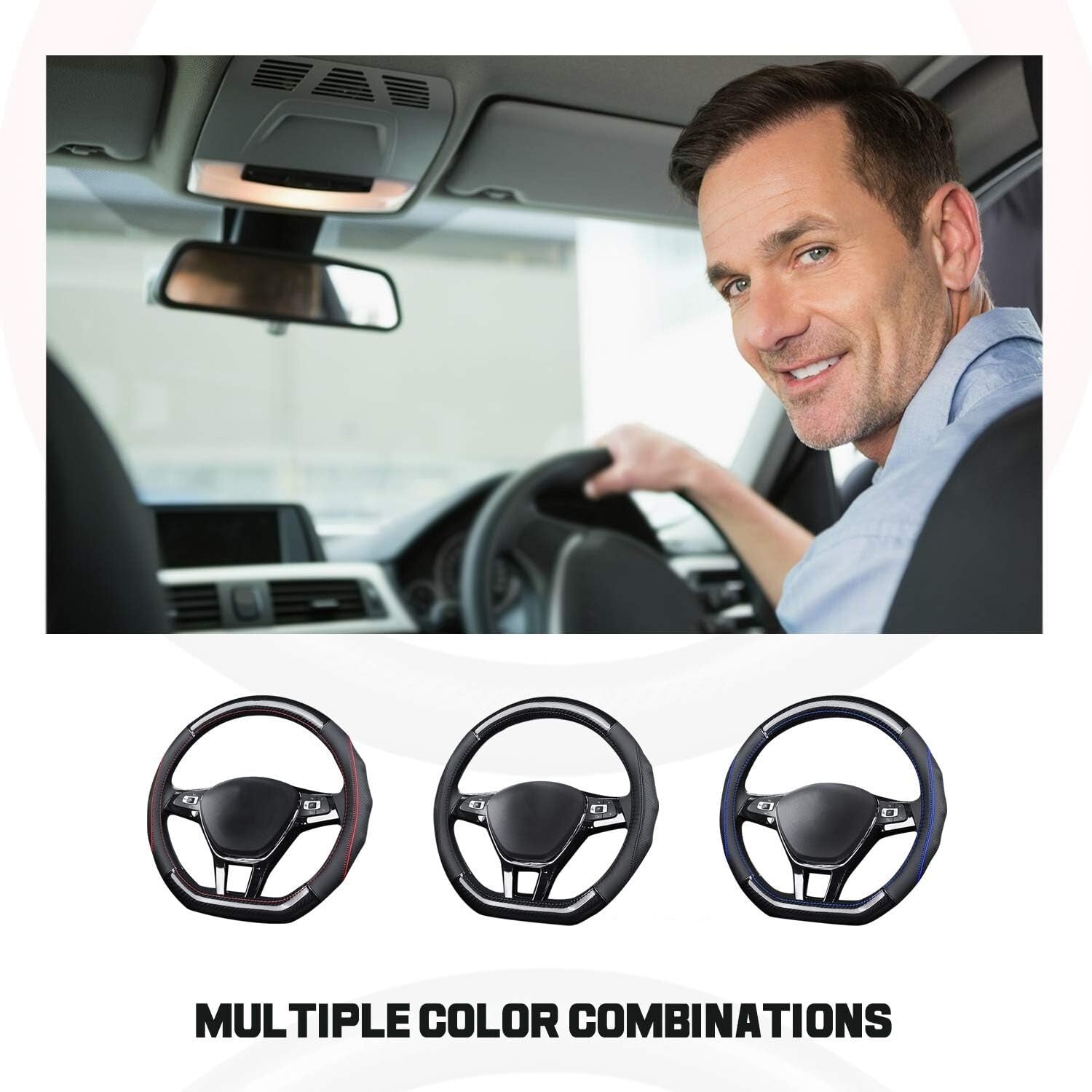 Elegant Black & Blue D-Shape Steering Wheel Cover - Premium Carbon Fiber Design