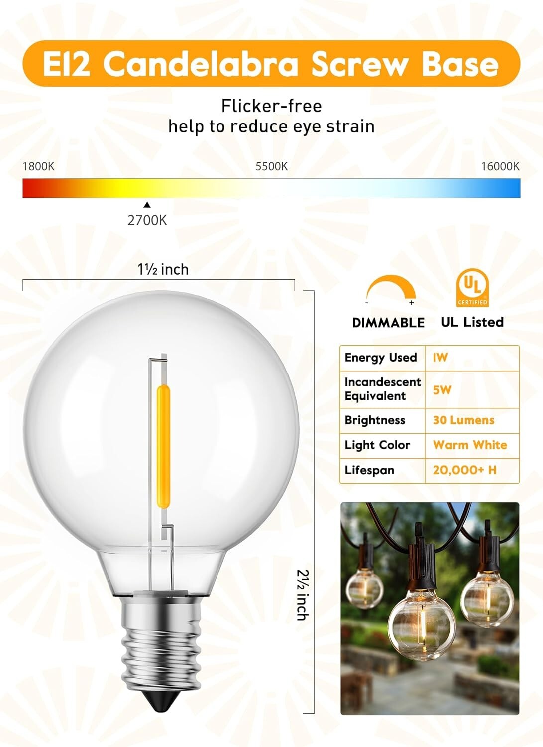 G40 1W LED Bulbs: 50-Pack Shatterproof Warm White Light for Indoor & Outdoor Use