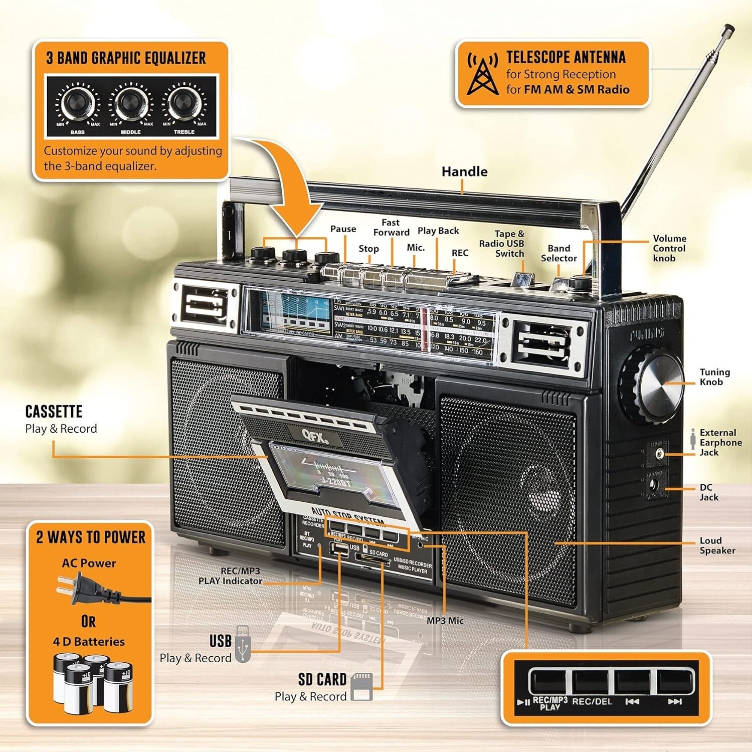 Portable 4-Band Bluetooth Boombox: Record, Convert & Enjoy Your Music Collection