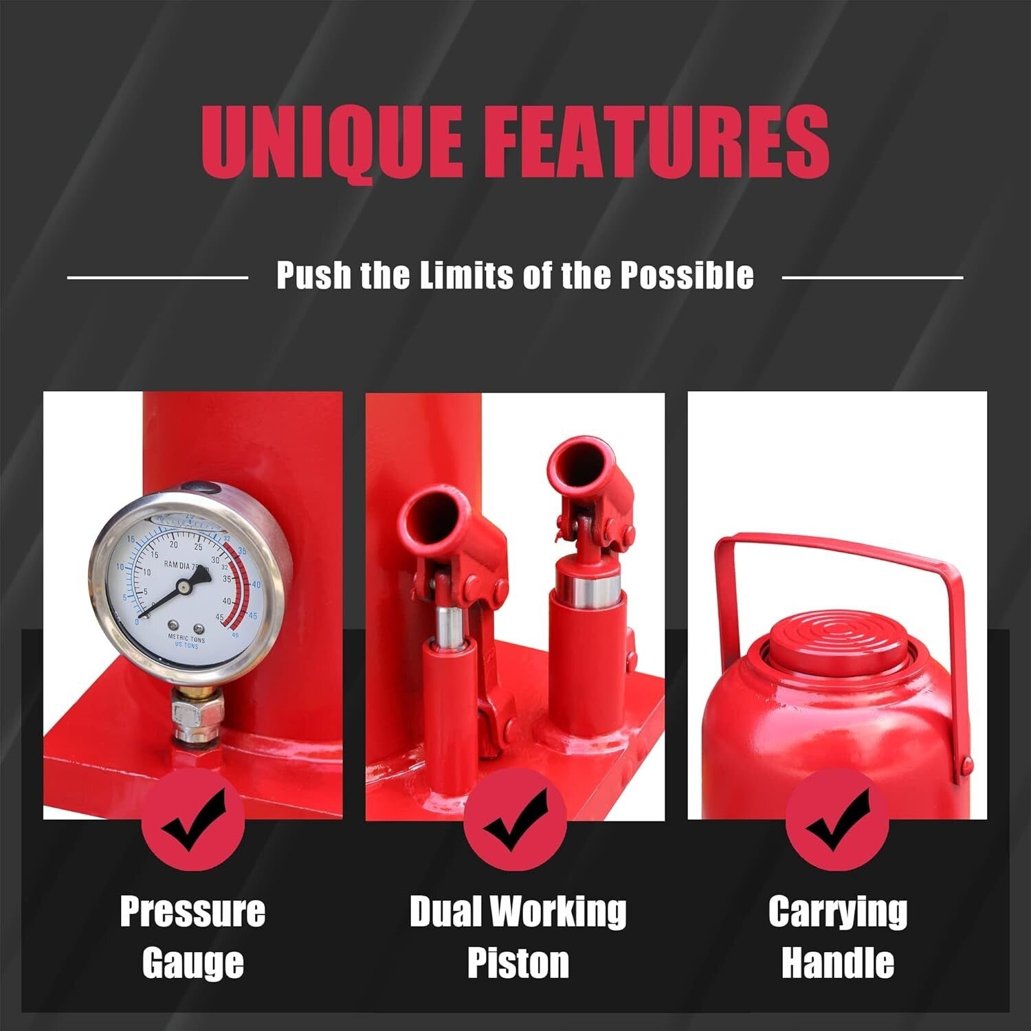 32 Ton Heavy Duty Double Piston Car Bottle Jack with Gauge - Red, 16.54" Lift