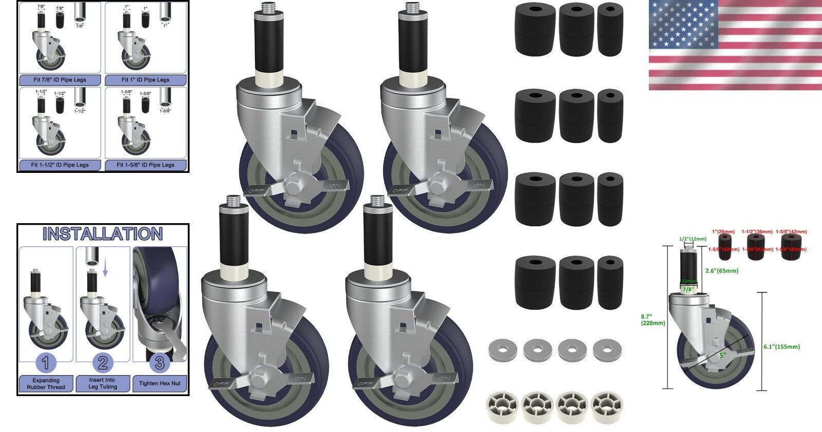 Adjustable 5-Inch Stem Caster Wheels Set for Easy Table Mobility and Height Lift