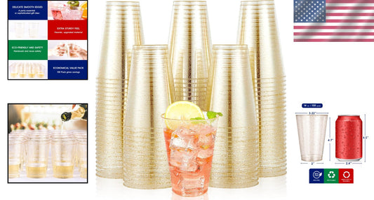 100 Pack Heavy-Duty Gold Glitter Disposable Cups for Elegant Party Celebrations