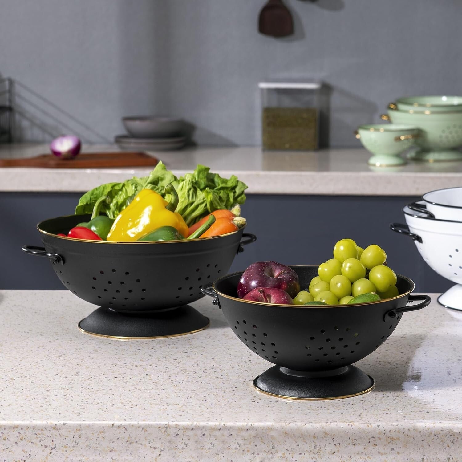 Elegant Matte Black Colanders - Rust-Resistant Metal Strainer Set for All Foods