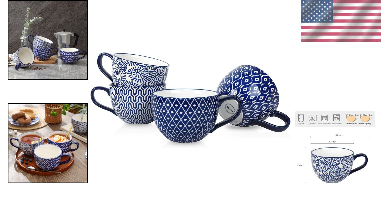 Elegant 24 Oz Jumbo Coffee Mug Set of 4 - Vintage Blue Ceramic with Large Handle