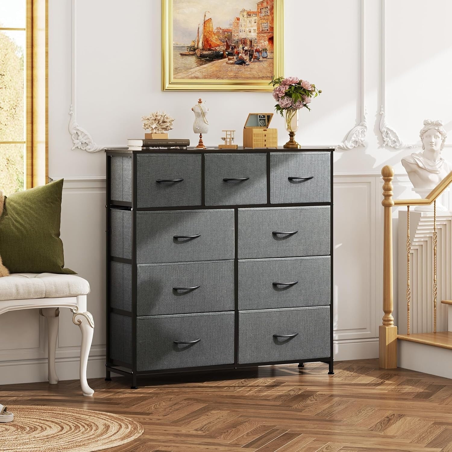 9-Drawer Tall Storage Unit for Bedroom & Entryway - Dark Grey Organized Elegance