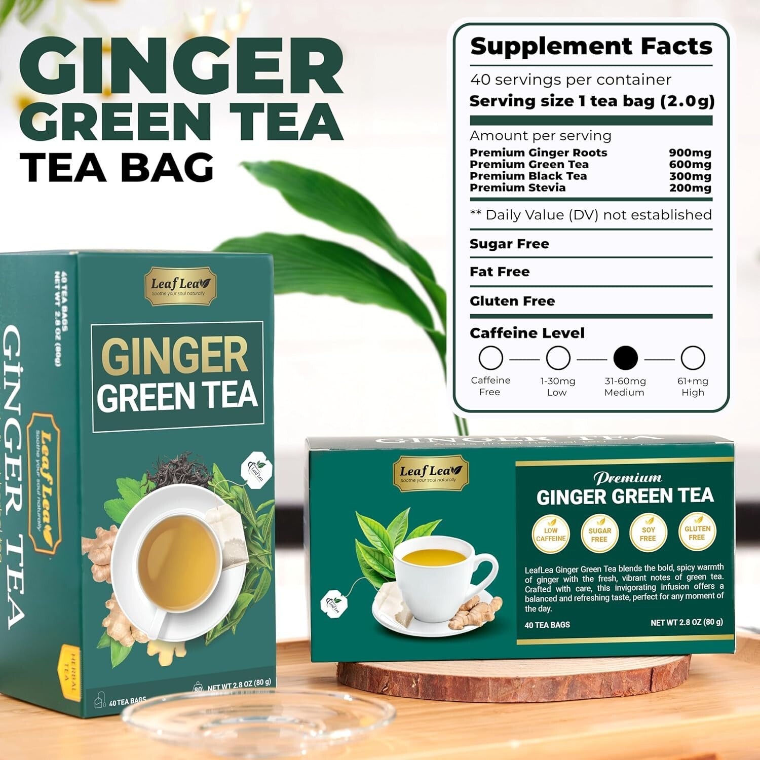 Natural Green & Ginger Tea Bags - Warming 160-Pack for Daily Invigoration