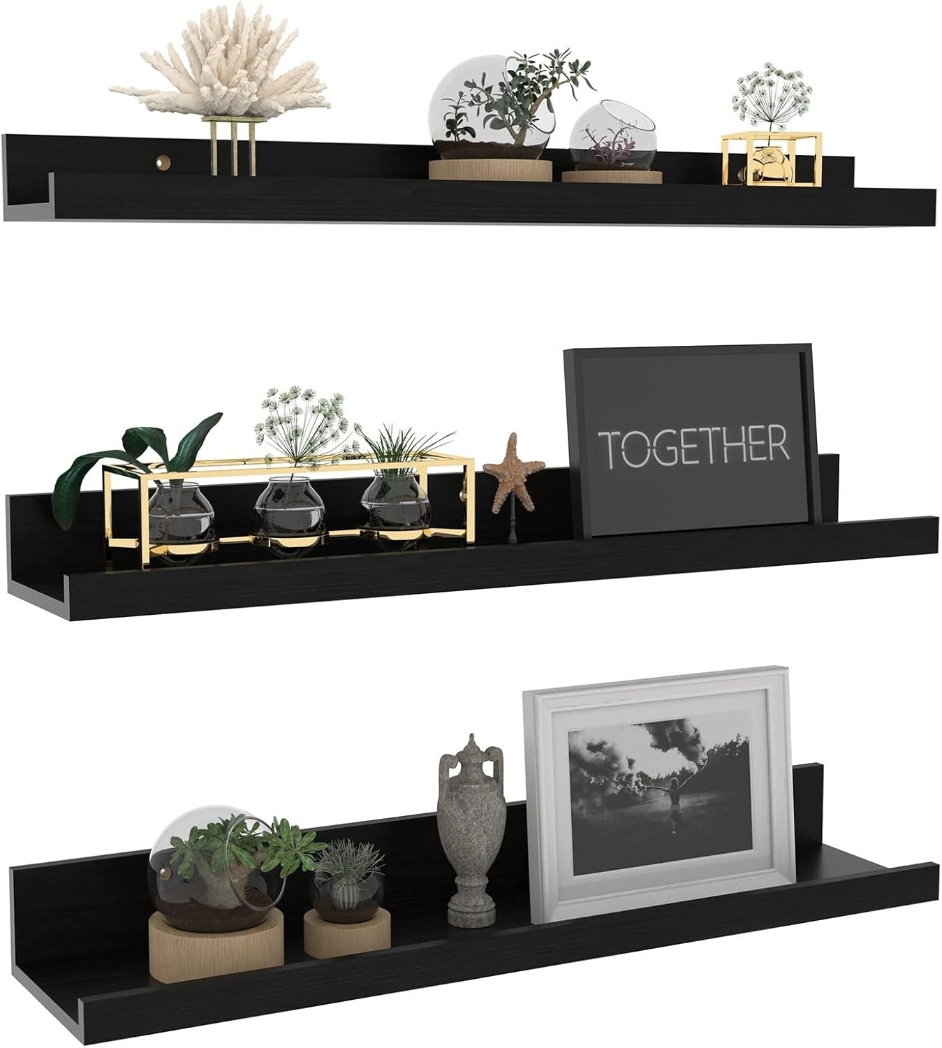 Elegant Black Floating Shelf Set with U-Shape Ledge - 24 Inch Wall Storage