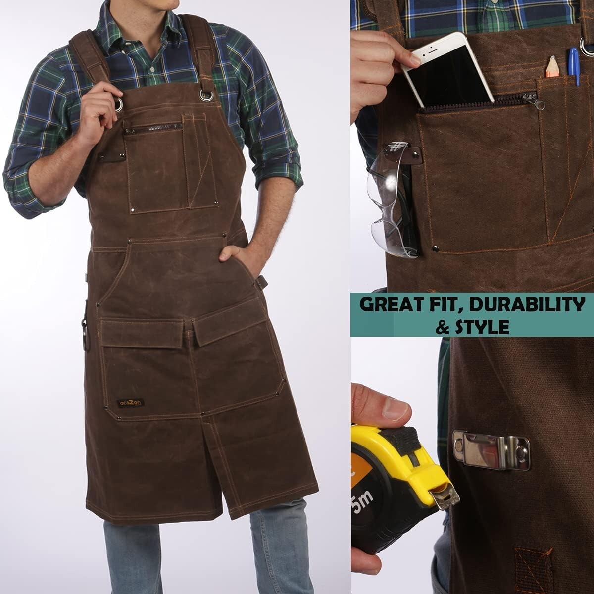 Extra Long Fully Adjustable Waxed Canvas Shop Apron with 6 Pockets for Comfort