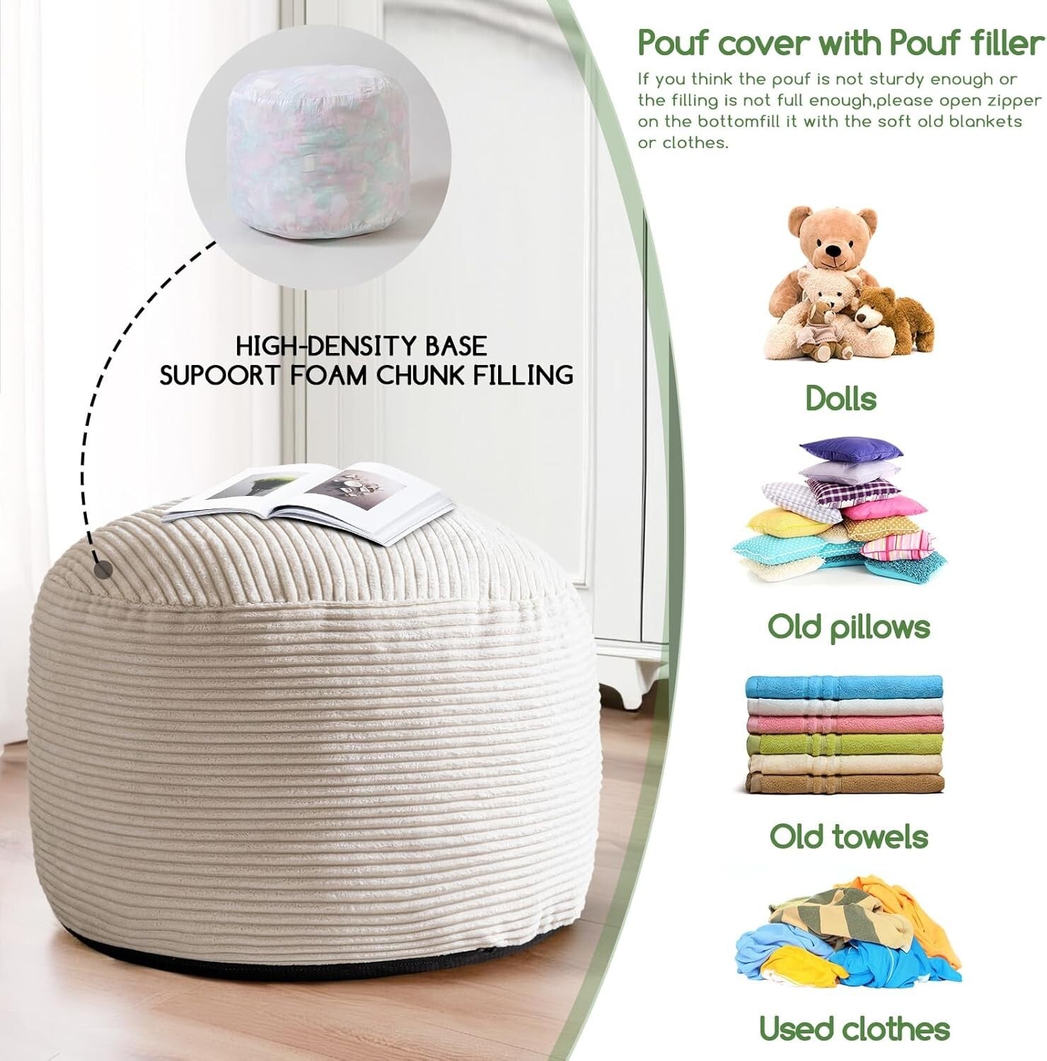 Elegant Round Pouf Ottoman - Cozy Corduroy and Faux Fur Foot Stool in Beige