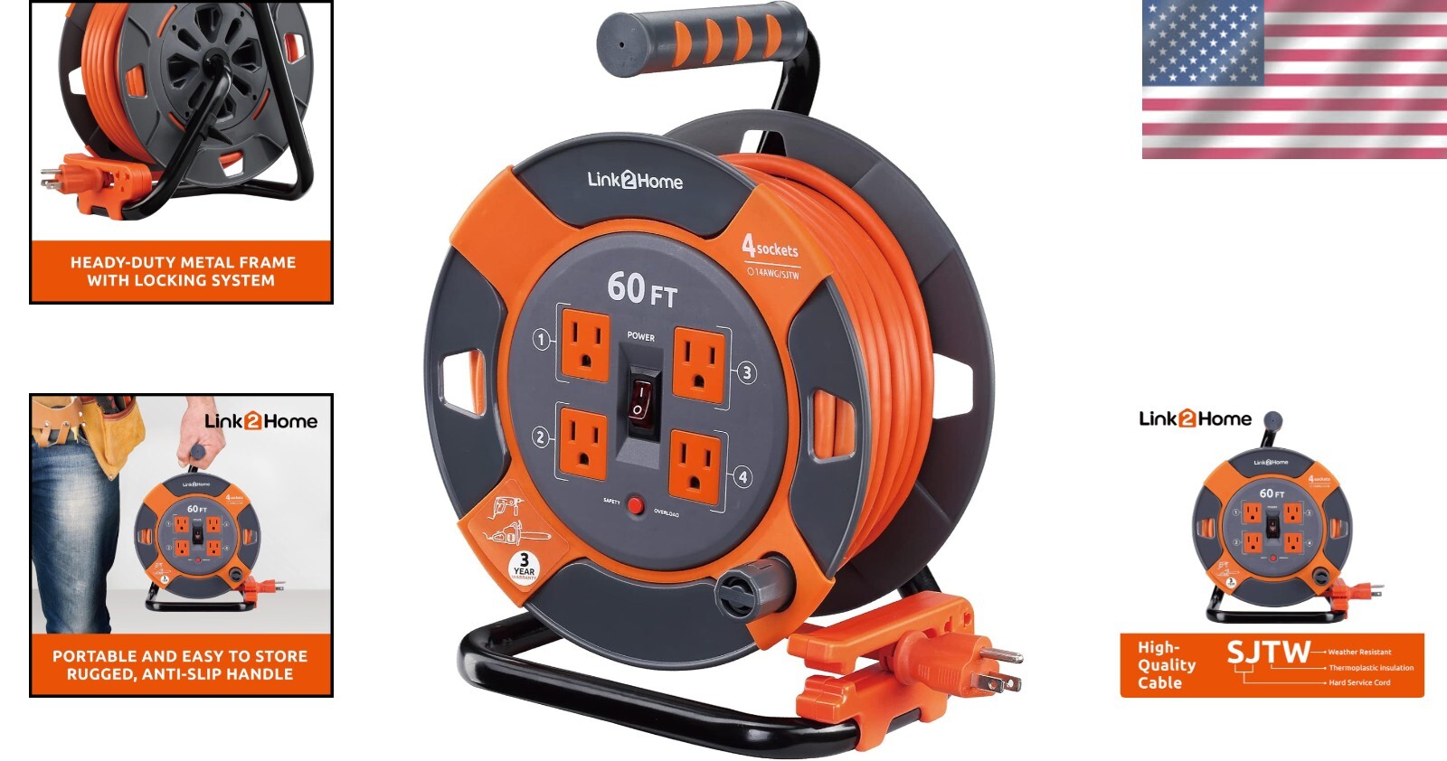 60 Ft High Visibility Extension Cord Reel - 4 Outlets & Tangle-Free Management