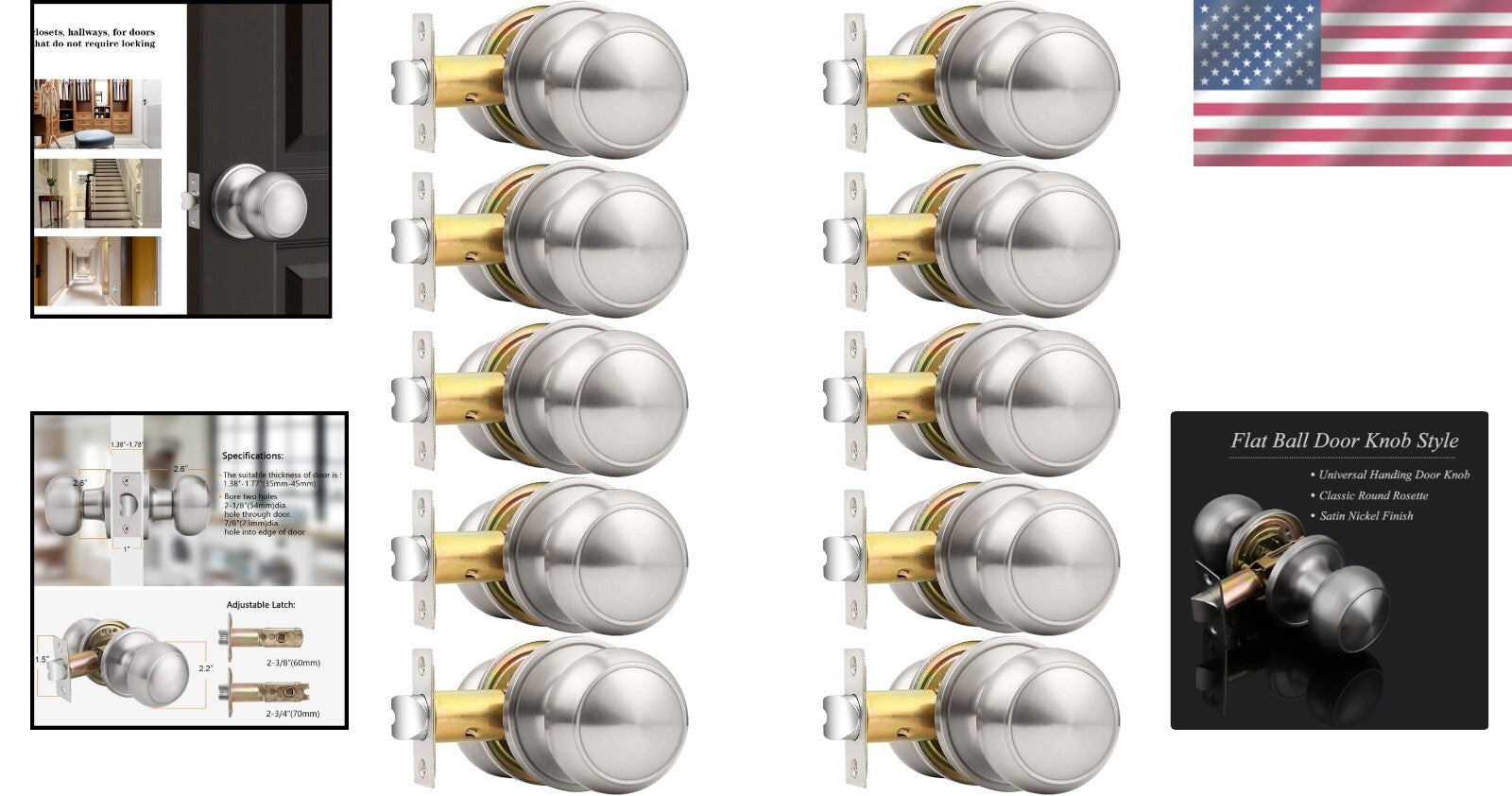 Elegant 10-Pack Adjustable Door Knobs for Hallway and Closet - Brushed Nickel