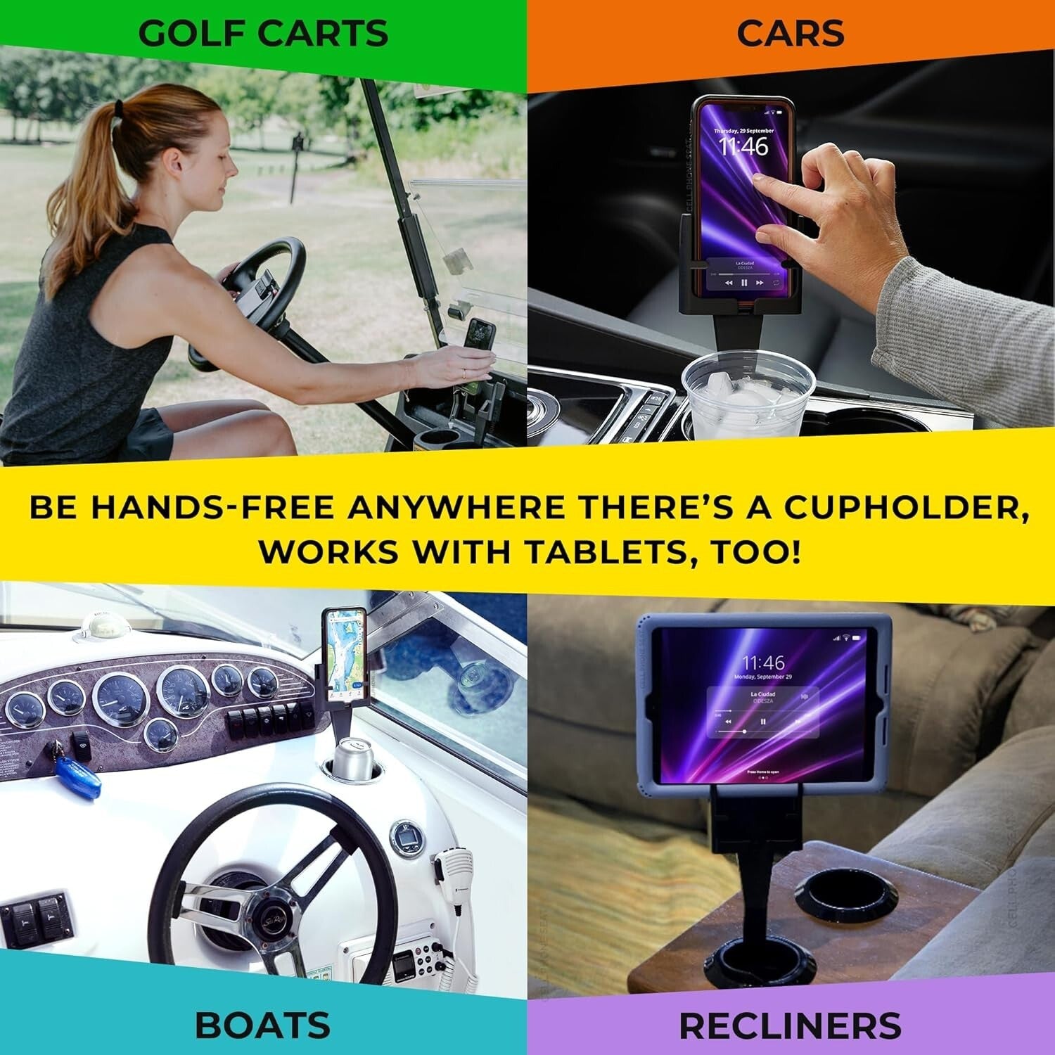 Adjustable Cup Holder Phone Holder for All Smartphones - Car Mount Black 2-Pack