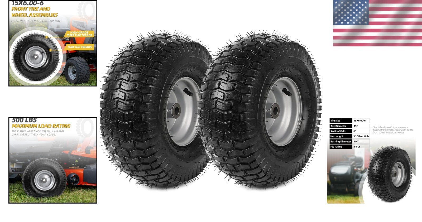 4-Ply 15 x 6.00-6 Tire & Wheel Assembly - Ideal for John Deere Riding Mowers