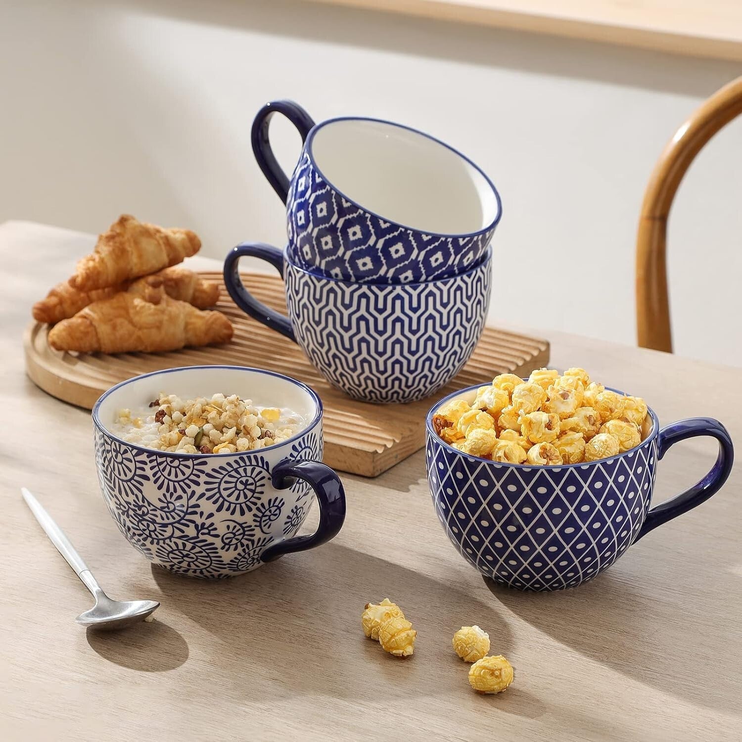 Elegant 24 Oz Jumbo Coffee Mug Set of 4 - Vintage Blue Ceramic with Large Handle