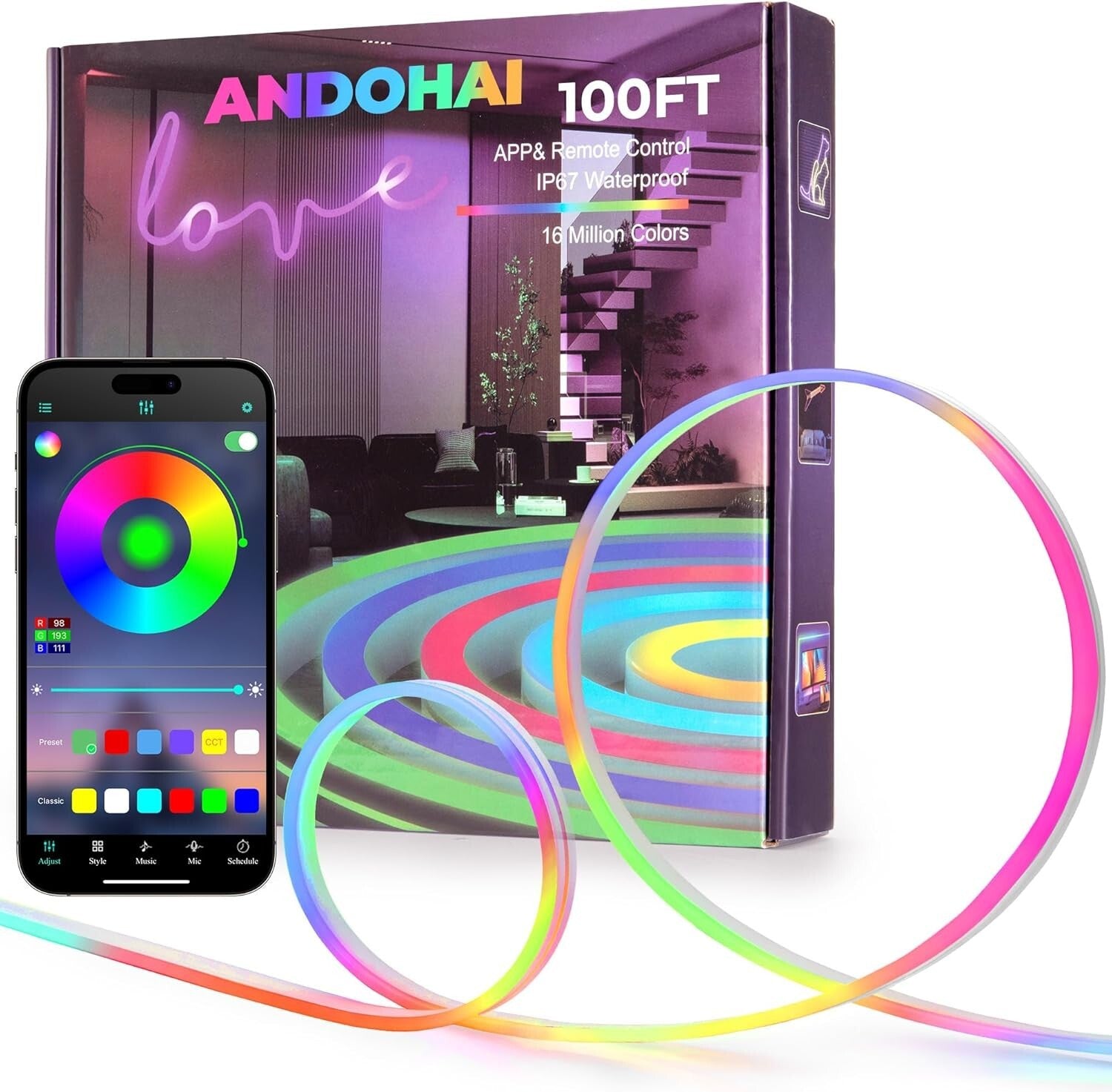 Durable IP67 Neon Rope Lights - 100FT Color-Changing LED with Smart Controls