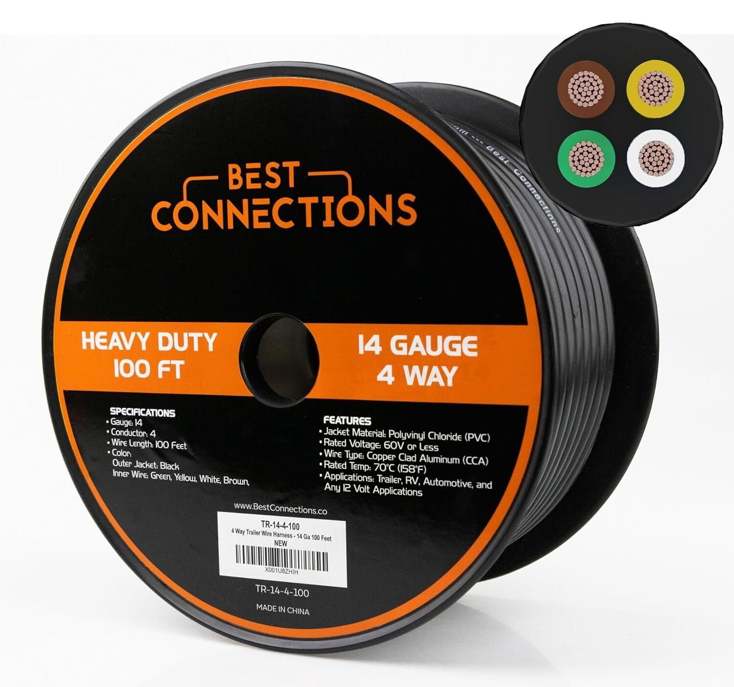 Durable 4 Conductor Trailer Wire - 14 Gauge 100ft Heavy Duty Weatherproof
