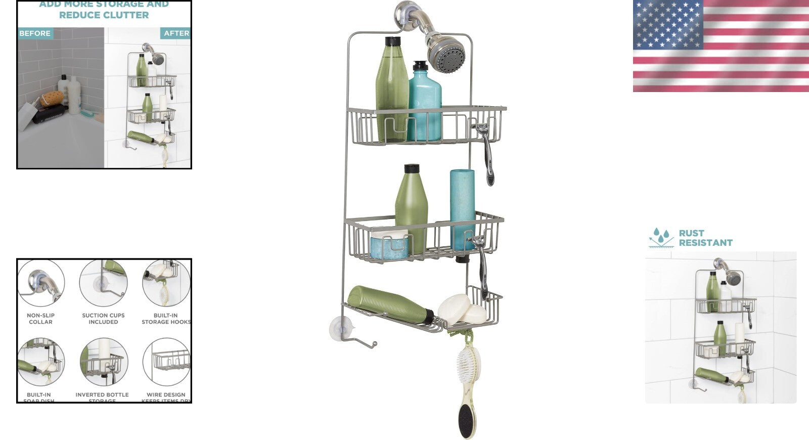 Easy-to-Install Satin Nickel Shower Caddy with 3 Compartments & Hooks