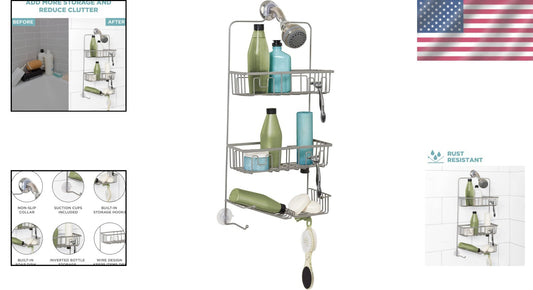 Easy-to-Install Satin Nickel Shower Caddy with 3 Compartments & Hooks