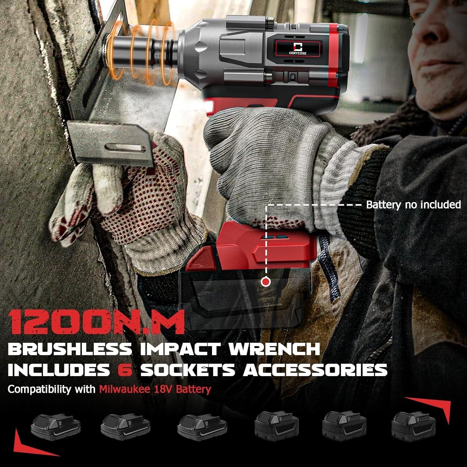 Brushless 1/2 Inch 900 ft-lbs Impact Gun - Complete Set with 6 Sockets & Light
