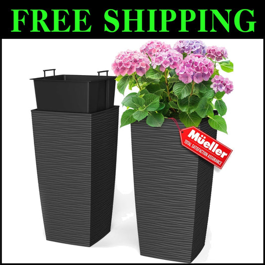 2-Piece Set 24” Square Planters in Dark Gray - Weather Resistant and Lightweight