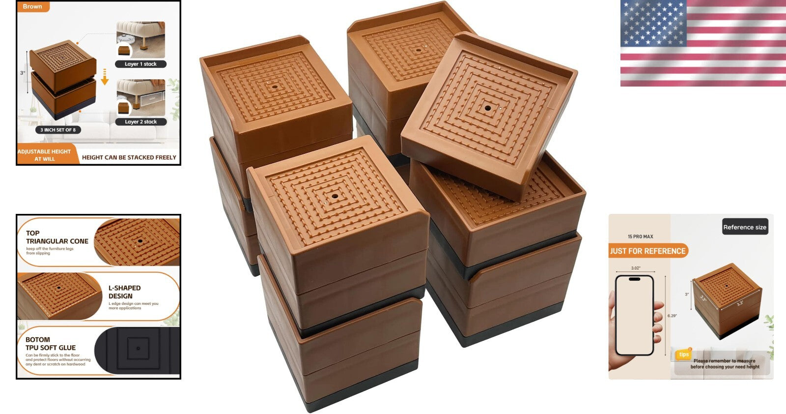 Elegant Brown Furniture Lifts 3-Inch Risers, Perfect for Beds & Sofas - 8 Pack