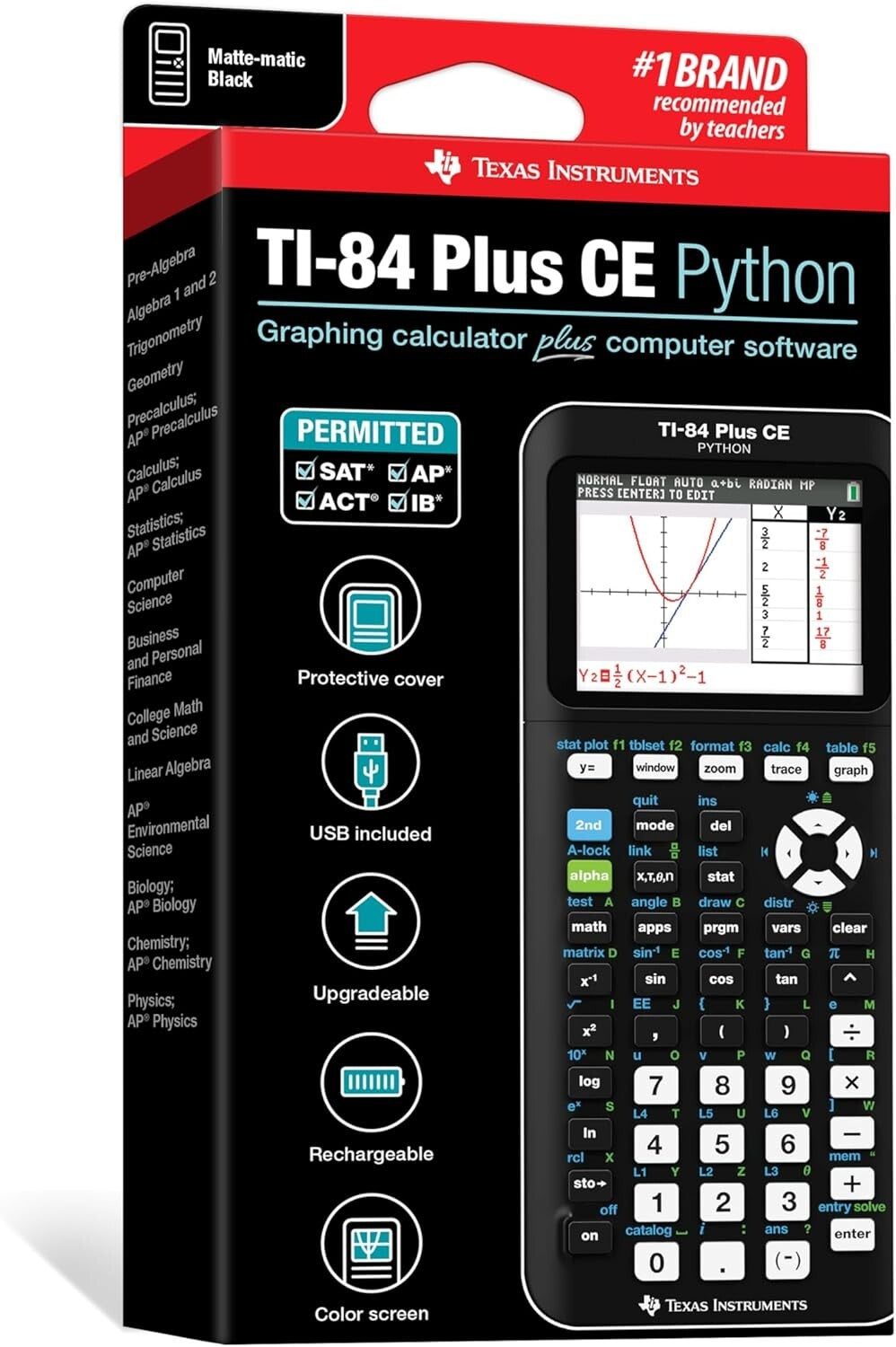 Durable TI-84 Plus CE Black Graphing Calculator - Preloaded Apps & Python Ready