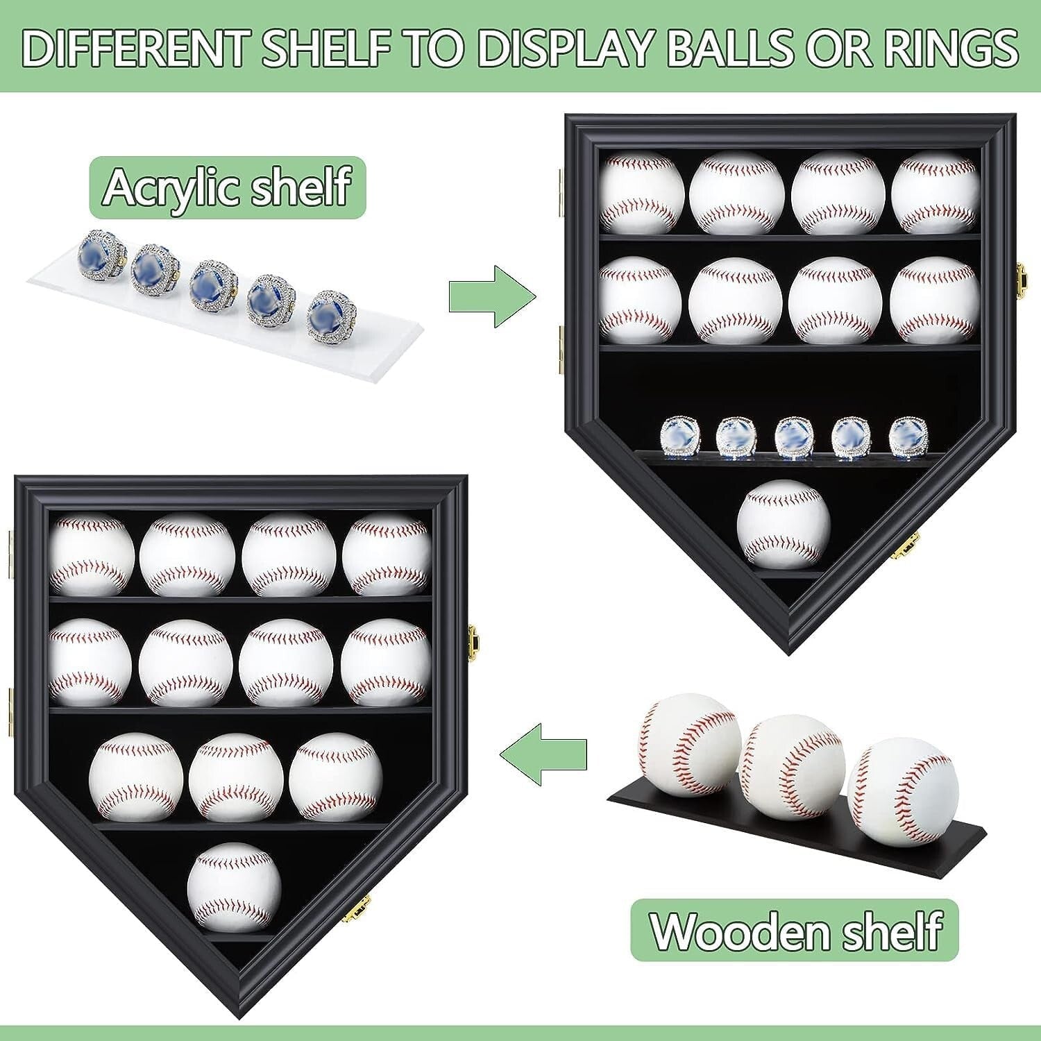 Exquisite Shatterproof Baseball Wall Mount Display Case - Holds 12 Balls & Rings